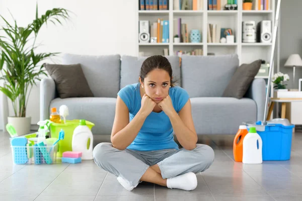 Disappointed Young Woman Sitting Floor She Bored Doesn Feel Cleaning — Stok fotoğraf