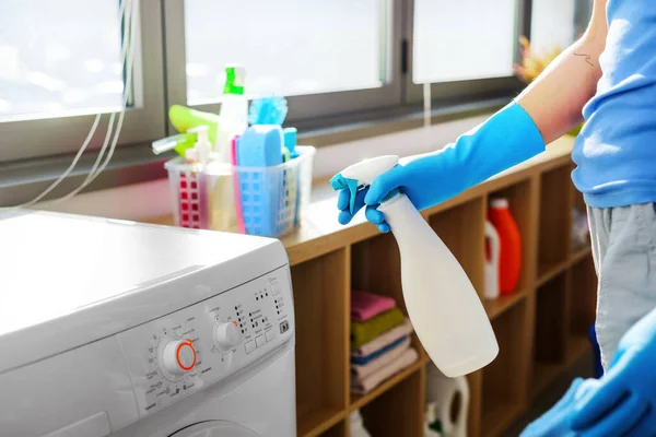 Woman Holding Detergent Cleaning Washing Machine Appliance Hygiene Concept — 스톡 사진