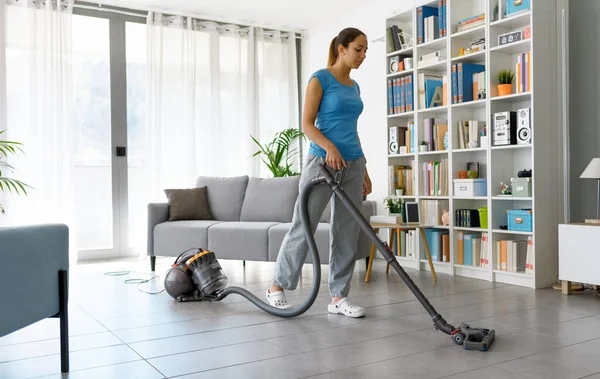 Young Woman Cleaning Her Home She Vacuuming Floor — 图库照片