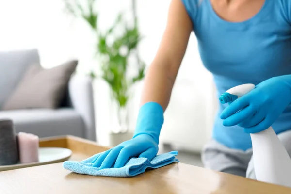 Woman Cleaning Wooden Table Home Hygiene Housekeeping Concept Hands Close — 스톡 사진