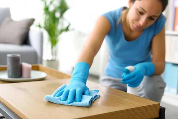 Woman Cleaning Wooden Table Home Hygiene Housekeeping Concept Hands Close — 스톡 사진