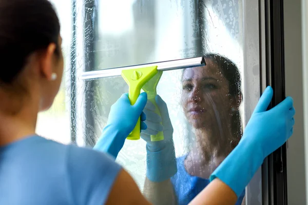 Woman Washing Windows Home She Drying Glass Surface Squeegee — 스톡 사진