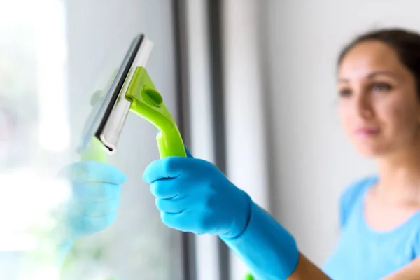 Woman Washing Windows Home She Drying Glass Surface Squeegee — Stok fotoğraf