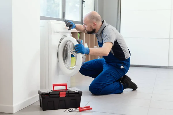 Professional Technician Repairing Washing Machine Checking Gasket Door Seal — Photo