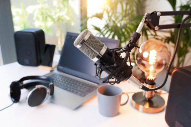 Live online radio broadcasting station desk, entertainment and communication concept