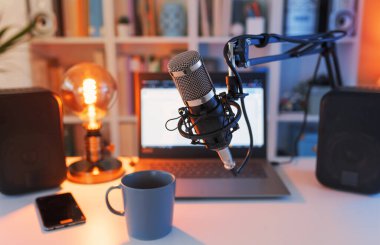 Home station for recording podcasts. Concept of new job possibilities, career, future, multimedia, new ways to do communication.