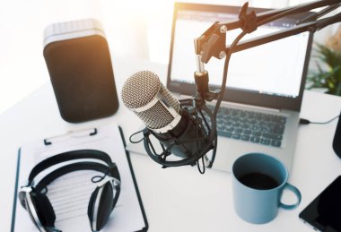 Live online radio broadcasting station desk, entertainment and communication concept