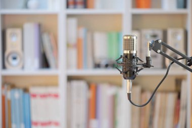 Radio microphone isolated on domestic background, concept of podcast, online radio, streaming, entertainment, audio, and new ways to do communication.