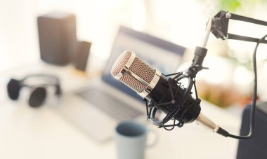 Live online radio broadcasting station desk, entertainment and communication concept