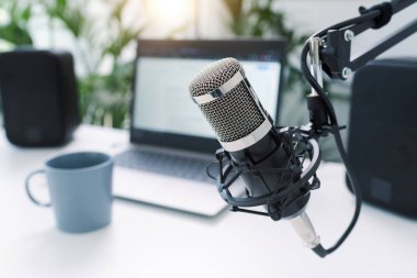 Live online radio broadcasting station desk, entertainment and communication concept