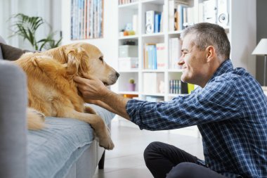Pet owner spending time with his dog at home in the living room