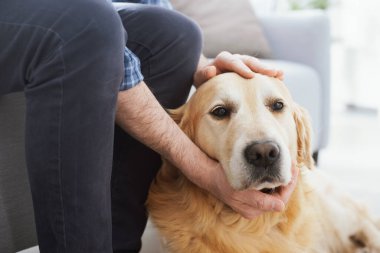 Man relaxing at home and cuddling his dog in the living room