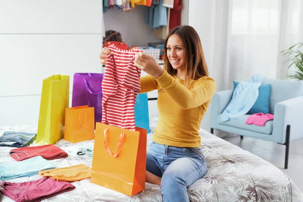 Happy Woman Sitting Bed Home Checking Her New Purchases — Foto Stock