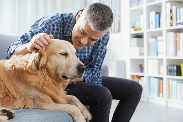 Pet Owner Spending Time His Dog Home Living Room — Stok fotoğraf