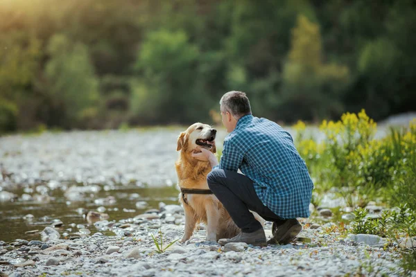 Man Dog Walking Together Nature Healthy Lifestyle Pet Care Concept — Stok fotoğraf