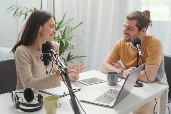 Young Professional Speaker Conducting Live Podcast Interview Communication Media Concept — Stockfoto