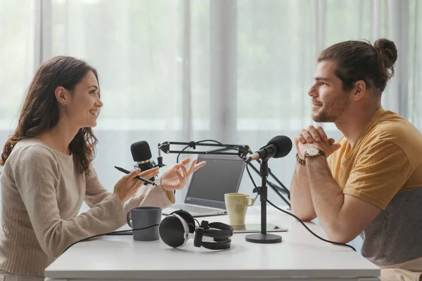 Young Professional Speaker Conducting Live Podcast Interview Communication Media Concept — Foto de Stock