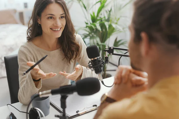 Young Professional Speaker Conducting Live Podcast Interview Communication Media Concept — Stok fotoğraf
