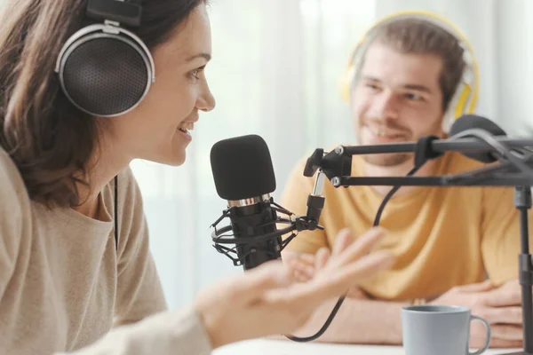 Young Man Woman Wearing Headphones Doing Live Podcast Channel Communication — ストック写真