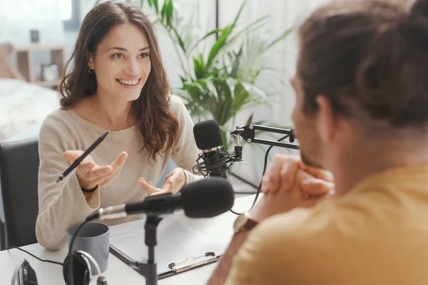 Young Professional Speaker Conducting Live Podcast Interview Communication Media Concept — Stok fotoğraf