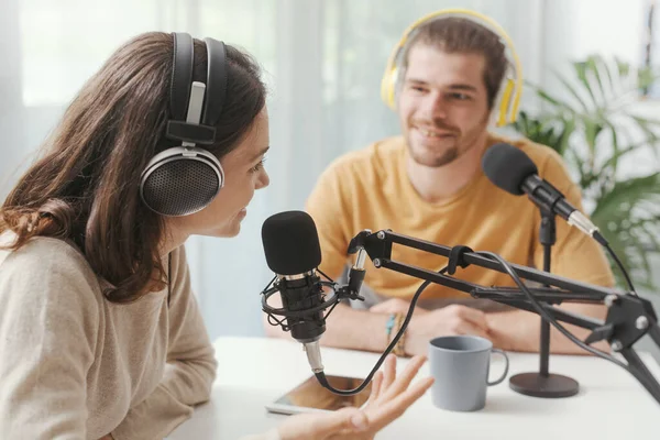 Young Man Woman Wearing Headphones Doing Live Podcast Channel Communication — ストック写真