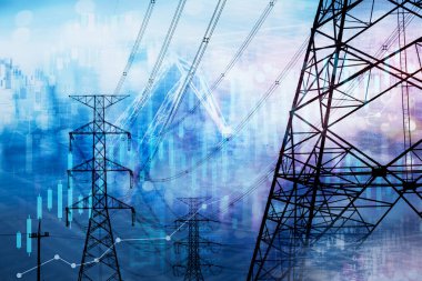 şehir ışığı ve elektrik ve enerji tesisi sanayi ve iş mavi arka planı ile pazar stoku grafiği ve bilgileri
