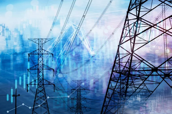 şehir ışığı ve elektrik ve enerji tesisi sanayi ve iş mavi arka planı ile pazar stoku grafiği ve bilgileri