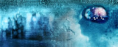 blue digital technology blur light line and head symbol for artificial intelligence or AI graphic banner business background abstract modern futuristic banner background