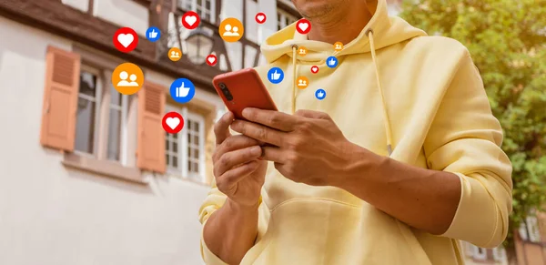 Man Using Smart Phone Social Media Application Concept Male Watching Stockbild