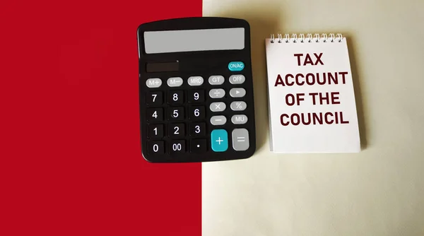Tax Account Council Text Notepad Calculator White Red Background — Stockfoto