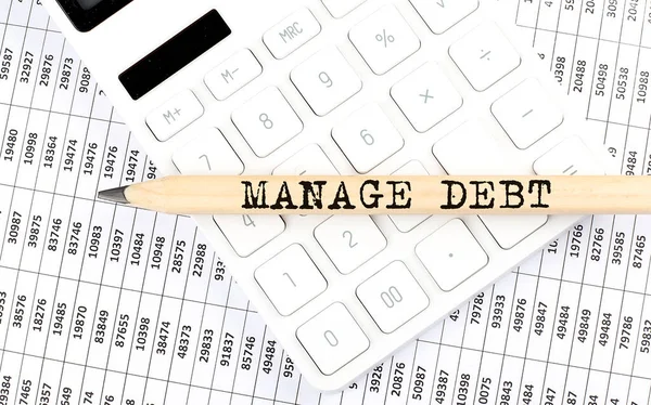 Text Manage Debt Träpenna Räknaren Med Diagram — Stockfoto