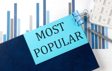 Grafik arkaplanındaki not defterindeki yapışkan notun çoğu POPULAR