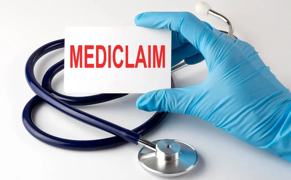Kártya Szöveg Mediclaim Kellékek Tabletták Sztetoszkóp Orvosi Fogalom — Stock Fotó