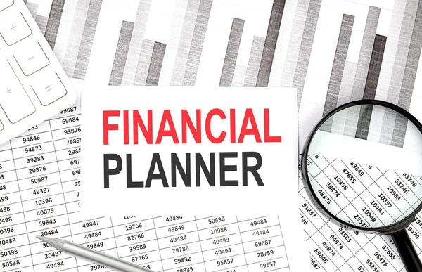 Financiële Planner Tekst Het Papier Met Rekenmachine Pen Achtergrond — Stockfoto