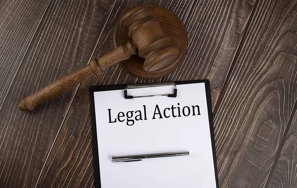 Legal Action Text Paper Gavel Wooden Background — Stock Photo, Image