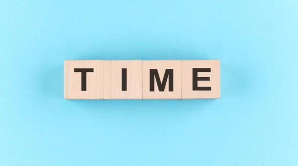 Wooden Cube Block Text Time Blue Background — Stock fotografie