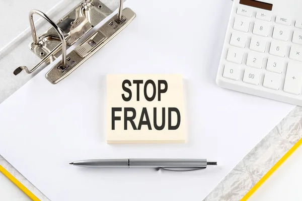 Stop Fraud Concepto Negocio Mensaje Etiqueta Engomada Fondo Carpeta Con — Foto de Stock