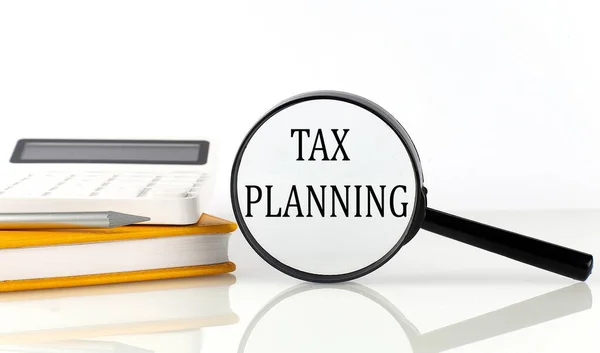 Magnifier Text Tax Planning Notebook Calculator White Background — Stock Photo, Image