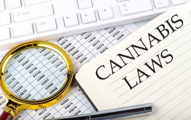 Çizelge, büyüteç, klavye ve kalemle birlikte bir dizüstü bilgisayarda CANNABIS LAWS metni