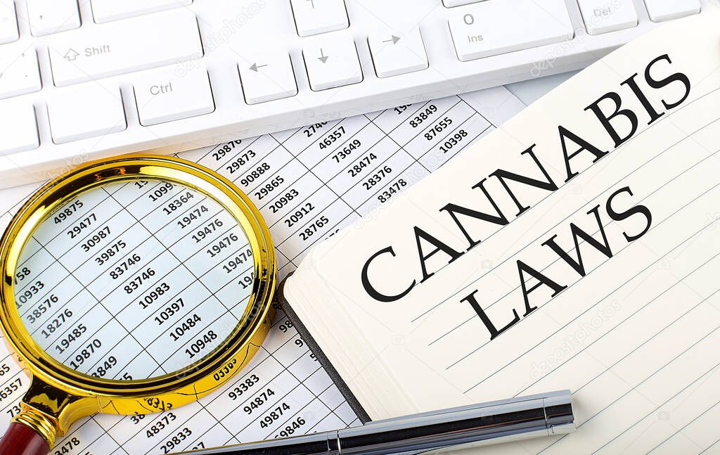 CANNABIS LAWS text on a notebook with chart, magnifier,keyboard and pen