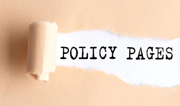 The text POLICY PAGES appears on a torn paper on white background.