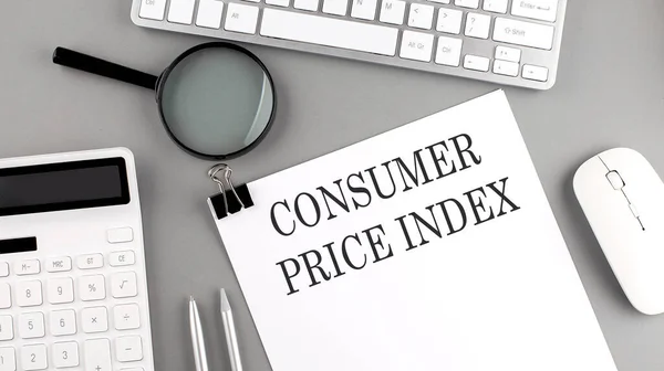 Índice Preço Consumidor Escrito Papel Com Ferramentas Escritório Teclado Sobre — Fotografia de Stock