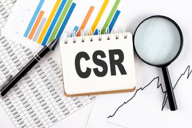 Grafik arkaplanındaki dizüstü bilgisayarda kalem ve büyüteçle CSR metni