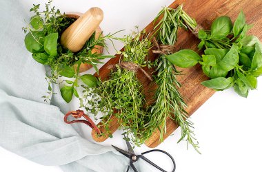 Taze biberiye, ahşap kaşıkta kekik ve fesleğen ahşap bir tahta tahtada ahşap havan ve peçete manzarası.