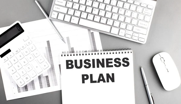 Business Plan Text Written Notebook Grey Background Chart Keyboard Business — 图库照片