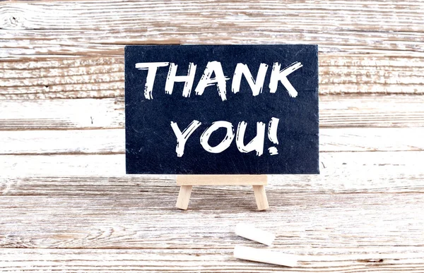 Thank You Text Miniature Chalkboard Wooden Background — Stock Photo, Image