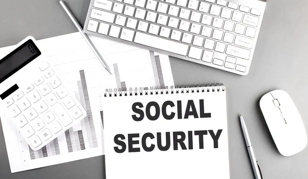 Social Security Text Written Notebook Grey Background Chart Keyboard Business — Stock Photo, Image