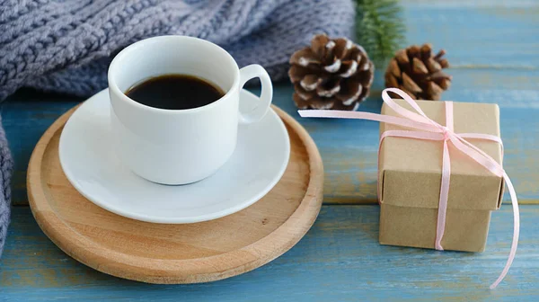 Wood Table Cup Latte Coffee Christmas Decoration Gift Box Christmas — Stock Photo, Image