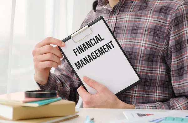 Business Man Hand Holding Paper Business Card Text Financial Management — Foto de Stock