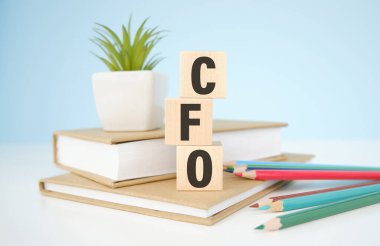 Mali işler müdürü tahta küpler, yansıtıcı bir yüzeyde duran küpler, arka planda bir iş diyagramı var. İş ve finans kavramı